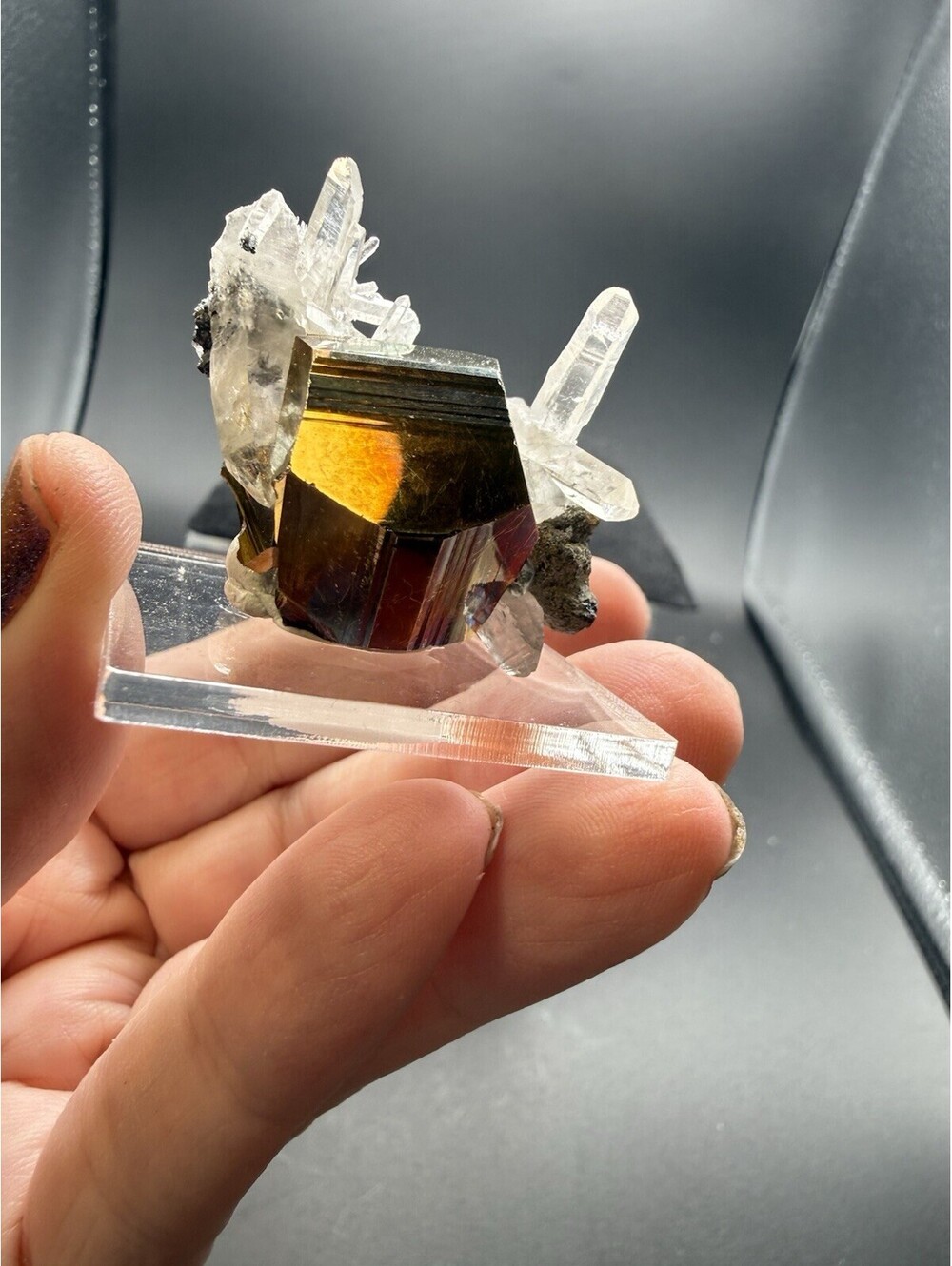 Naturally Iridescent Pyrite on Quartz Crystal Specimen Indonesia